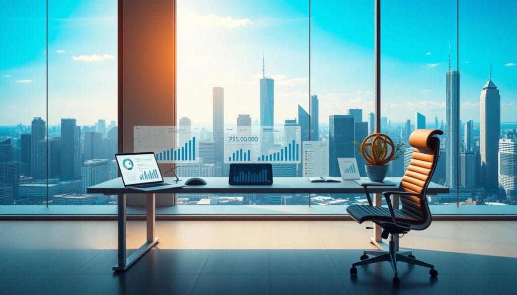 A sleek, minimalist office setting with a large desk and ergonomic chair. On the desk, a laptop, a tablet, and various financial analysis tools like charts, graphs, and data visualizations. The background features a futuristic cityscape with skyscrapers and a clear, blue sky, conveying a sense of progress and innovation. Soft, directional lighting casts a warm glow on the scene, creating a professional and productive atmosphere. The overall composition emphasizes the integration of AI-driven financial literacy tools into a modern, technology-driven work environment. A sleek, minimalist office setting with a large desk and ergonomic chair. On the desk, a laptop, a tablet, and various financial analysis tools like charts, graphs, and data visualizations. The background features a futuristic cityscape with skyscrapers and a clear, blue sky, conveying a sense of progress and innovation. Soft, directional lighting casts a warm glow on the scene, creating a professional and productive atmosphere. The overall composition emphasizes the integration of AI-driven financial literacy tools into a modern, technology-driven work environment.