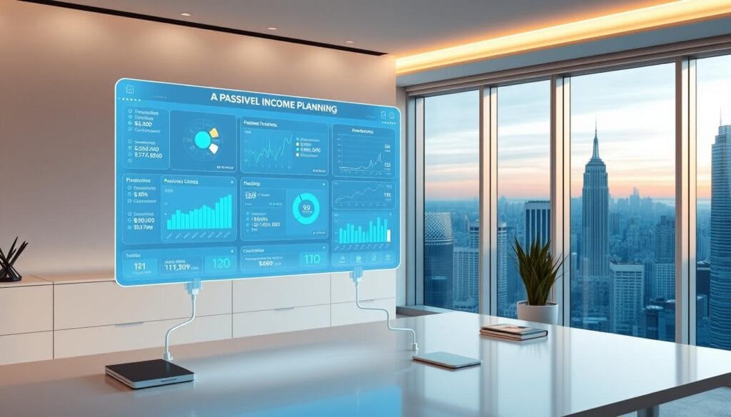 A sleek, minimalist workspace with a floating holographic display showcasing AI-driven passive income planning tools. The display features interactive visualizations, analytics dashboards, and personalized income projections. Soft, ambient lighting casts a futuristic glow, while a large window in the background overlooks a bustling cityscape. The scene conveys a sense of technological sophistication and financial empowerment, seamlessly integrating artificial intelligence into the process of building passive income streams.