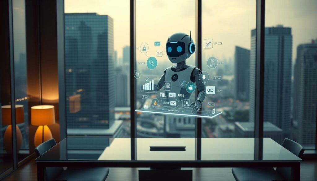 A sleek, modern office interior with floor-to-ceiling windows overlooking a bustling cityscape. In the foreground, a stylized AI chatbot avatar hovers above a glass-topped desk, its holographic interface displaying a variety of financial data and tools. Seamless automation is evident as the chatbot effortlessly handles routine tasks like bill payments, investment tracking, and budget optimization. The warm, indirect lighting and muted color palette create a sense of efficiency and technological sophistication. The overall scene conveys the power of AI-driven financial management, seamlessly integrated into the user's daily workflow. A sleek, modern office interior with floor-to-ceiling windows overlooking a bustling cityscape. In the foreground, a stylized AI chatbot avatar hovers above a glass-topped desk, its holographic interface displaying a variety of financial data and tools. Seamless automation is evident as the chatbot effortlessly handles routine tasks like bill payments, investment tracking, and budget optimization. The warm, indirect lighting and muted color palette create a sense of efficiency and technological sophistication. The overall scene conveys the power of AI-driven financial management, seamlessly integrated into the user's daily workflow.