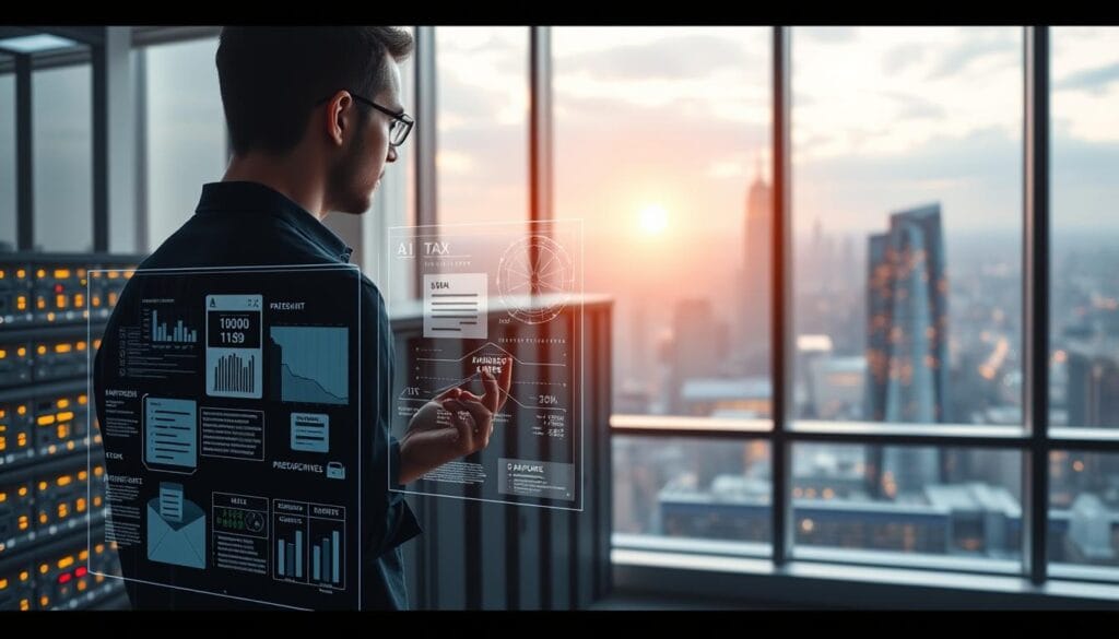 A sleek, modern office setting with a focus on an AI-powered tax preparation workflow. In the foreground, a person interacts with a holographic interface, effortlessly navigating through financial data and tax forms. The middle ground showcases a bank of high-performance servers, their bright LEDs casting a warm glow across the scene. In the background, panoramic windows offer a view of a bustling city skyline, hinting at the global reach of this innovative tax solution. The lighting is a harmonious blend of natural and artificial, creating a sense of efficiency and technological advancement. The overall tone is one of confidence and seamless integration, reflecting the power of AI in transforming the tax preparation experience. A sleek, modern office setting with a focus on an AI-powered tax preparation workflow. In the foreground, a person interacts with a holographic interface, effortlessly navigating through financial data and tax forms. The middle ground showcases a bank of high-performance servers, their bright LEDs casting a warm glow across the scene. In the background, panoramic windows offer a view of a bustling city skyline, hinting at the global reach of this innovative tax solution. The lighting is a harmonious blend of natural and artificial, creating a sense of efficiency and technological advancement. The overall tone is one of confidence and seamless integration, reflecting the power of AI in transforming the tax preparation experience.