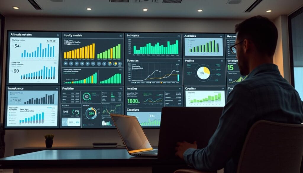 A sleek, modern office setting with a large display screen showcasing various AI-powered impact investing analysis tools. In the foreground, a professional investor examines detailed financial models and sustainability metrics on their laptop, bathed in the warm glow of the display. The middle ground features an array of intuitive data visualization dashboards, charts, and graphs illustrating key investment insights. In the background, the office is filled with subtle ambient lighting, creating a contemplative atmosphere conducive to thoughtful financial decision-making. The scene conveys the power of AI to unlock new possibilities for sustainable, socially conscious investing.