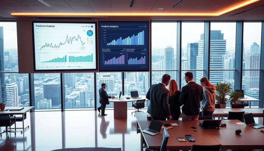 A sleek, modern office setting with a large wall-mounted display showing predictive analytics graphs and charts. In the foreground, a team of professionals in business attire huddle around a table, intently studying the data. Warm, directional lighting casts subtle shadows, creating a sense of depth and focus. The middle ground features a series of desks with laptops and tablets, suggesting an active workflow. In the background, floor-to-ceiling windows offer a panoramic view of a bustling cityscape, hinting at the global scale of the lending industry. An air of innovation and data-driven decision-making permeates the scene.