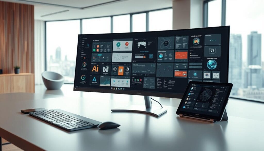 A sleek modern workspace with a large, curved ultrawide monitor and a tablet, showcasing a variety of AI-powered content creation tools. The foreground features a minimalist desk with a keyboard, mouse, and stylus. The middle ground displays the monitor displaying an array of generative AI and automation interfaces. The background is a clean, light-filled room with natural wood accents and a large window overlooking a cityscape. The overall scene conveys a sense of productivity, innovation, and the seamless integration of AI technology into the creative workflow. Soft, directional lighting creates a warm, focused atmosphere.
