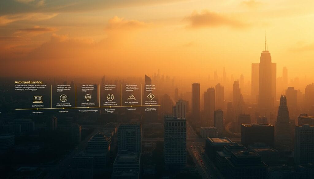 A sweeping technological landscape, illuminated by a warm, golden light. In the foreground, a sleek, minimalist interface showcases the evolution of automated lending, with intuitive icons and clean, user-friendly design. The middle ground features a timeline of milestones, each represented by crisp, detailed illustrations - from the first digital loan applications to the rise of AI-powered underwriting. In the background, a cityscape of skyscrapers and bustling streets, symbolizing the far-reaching impact of these advancements on the financial industry. The overall mood is one of progress, innovation, and the transformative power of technology in the realm of mortgage lending.