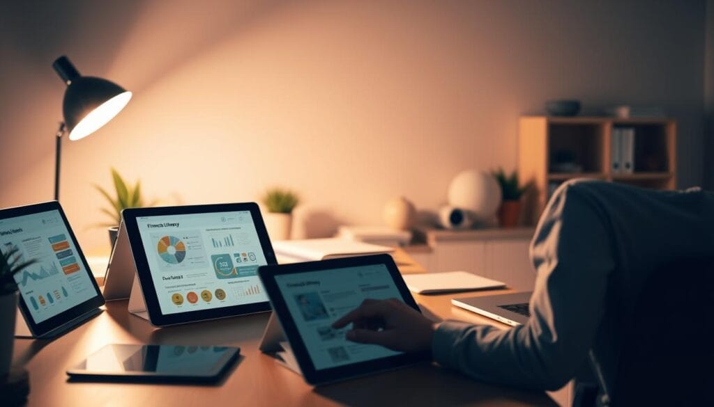 A thoughtfully designed financial literacy workspace, bathed in warm, focused lighting. In the foreground, an array of digital devices and interactive tools - sleek tablets, engaging infographics, and intuitive budgeting apps. The middle ground features a well-organized desk with carefully curated finance books, checklists, and a modern laptop. The background showcases a serene, minimalist environment with clean lines and subtle accents, creating a calming, productive atmosphere conducive to learning and personal financial growth.