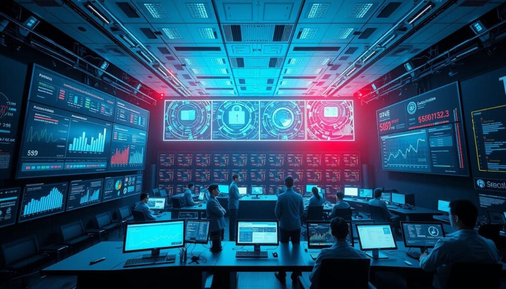 A vast, illuminated control center with multiple high-resolution displays showcasing real-time fraud analytics and risk monitoring dashboards. The foreground features a sleek, futuristic user interface with interactive charts, graphs, and anomaly detection alerts. In the middle ground, teams of data scientists and security analysts scrutinize the data, collaborating to uncover sophisticated fraud schemes. The background depicts a network of interconnected servers, firewalls, and cybersecurity infrastructure, bathed in a cool, blue-tinted lighting that conveys a sense of technological sophistication and vigilance. The overall atmosphere evokes a cutting-edge, AI-powered fraud detection and risk mitigation system, designed to protect against financial crimes and safeguard sensitive data.