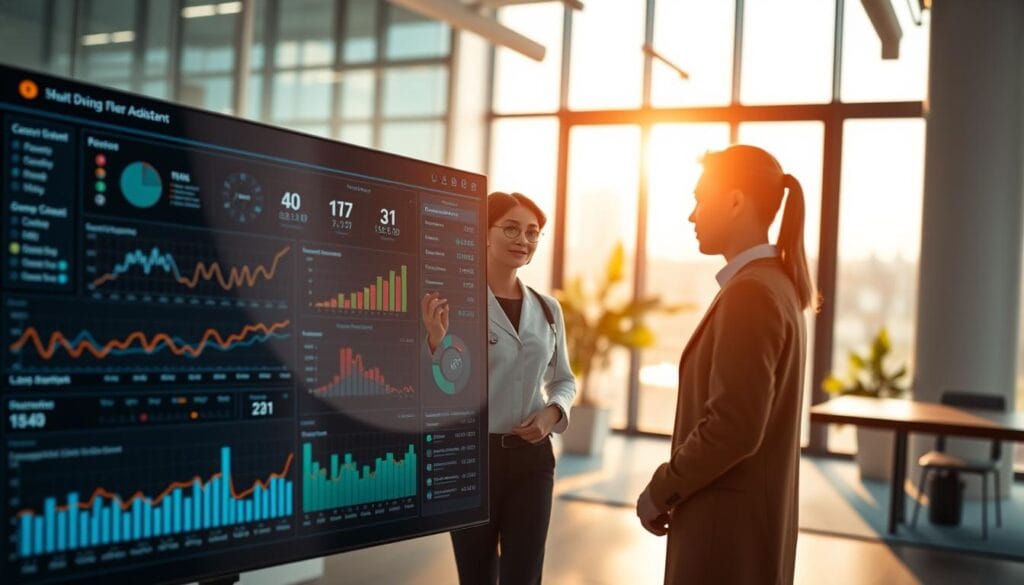 A vibrant, AI-powered interface showcasing personalized client engagement solutions. The foreground features a sleek dashboard with interactive graphs, charts, and data visualizations. In the middle ground, a virtual assistant avatar engages with a client, conveying a sense of attentive guidance. The background depicts a modern, minimalist office setting with large windows bathed in warm, natural lighting. The overall scene exudes a sense of technological sophistication, personal connection, and efficient financial advisory.