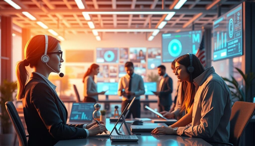 A vibrant and dynamic office scene showcasing customer communication AI tools in action. In the foreground, a customer service representative engages with a life-like virtual assistant, their animated dialogue captured in a soft, diffused lighting. In the middle ground, a team of analysts pores over data visualizations, fine-tuning the AI's responses to deliver personalized, empathetic interactions. The background reveals a sleek, modern workspace filled with holographic displays, providing an immersive, technology-driven environment. The overall atmosphere conveys a sense of efficiency, innovation, and a deep commitment to enhancing the customer experience through the seamless integration of AI-powered communication tools.