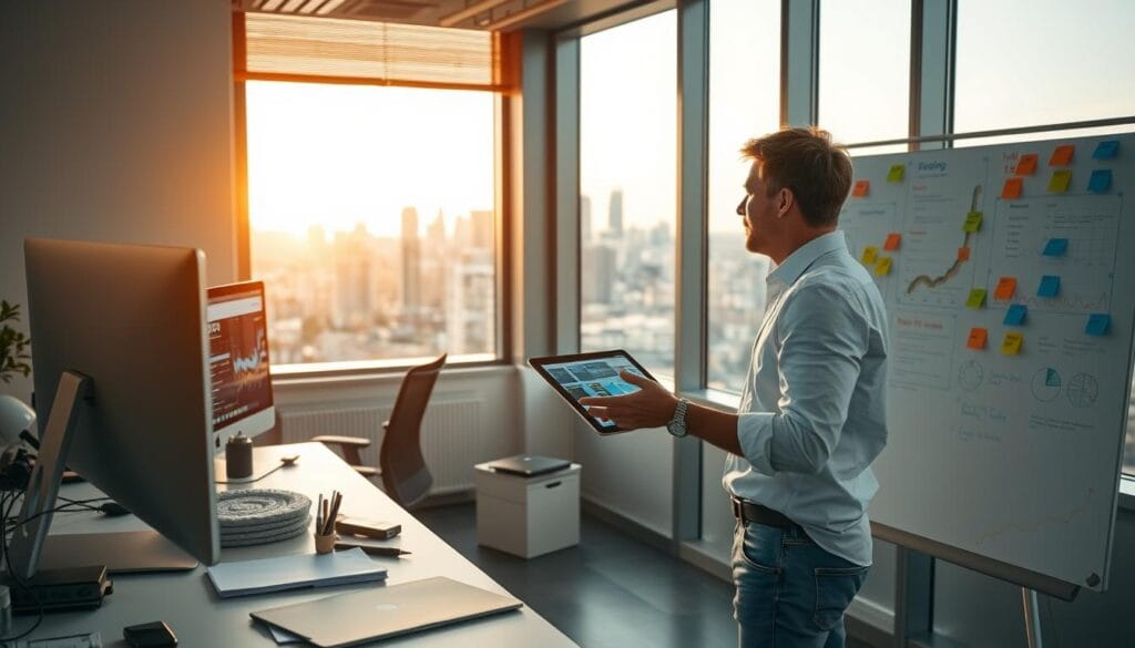 A well-lit and neatly organized office workspace, with a desktop computer, several documents, and a tablet displaying various data visualizations. In the foreground, a person in a white shirt and blue jeans intently reviews the data, gesturing towards the screen. The middle ground features a large whiteboard with colorful sticky notes and diagrams, indicating a collaborative analysis session. The background showcases floor-to-ceiling windows overlooking a bustling city skyline, bathed in a warm, golden afternoon light. The overall atmosphere conveys a sense of focused, analytical work towards data-driven decision-making.