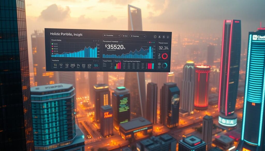 An advanced financial dashboard with holistic portfolio insights, interactive charts, and AI-powered recommendations hovers above a futuristic cityscape. Vibrant neon-lit skyscrapers and sleek, minimalist architecture create an atmosphere of innovation and progress. Warm lighting and a slightly hazy, reflective quality lend an air of sophistication. In the foreground, digital investment tools, personalized forecasting models, and smart budgeting interfaces are seamlessly integrated, showcasing the power of cutting-edge financial technology.