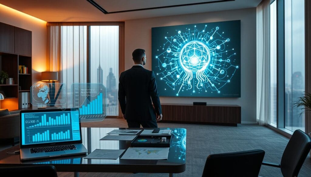 An elegant office interior with minimalist decor, warm lighting, and a large window overlooking a cityscape. In the foreground, a sleek, modern desk with a laptop, tablet, and various analytic charts and graphs. In the middle ground, a human figure in a suit intently studying risk assessment data displayed on a holographic projection. In the background, a large abstract AI-inspired artwork adorns the wall, casting an intelligent glow across the space. The overall scene conveys a sense of data-driven decision-making, cutting-edge technology, and a thoughtful approach to financial planning and risk management.