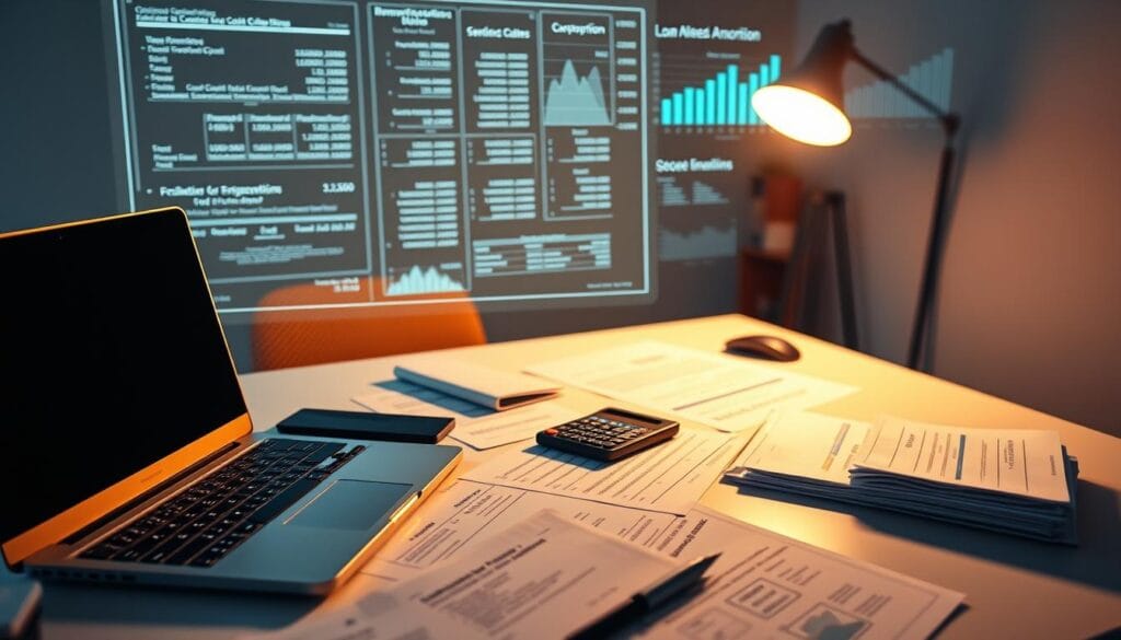 An office workspace with a laptop, calculator, and various financial documents scattered across a modern, minimalist desk. The lighting is soft and warm, creating a contemplative atmosphere. In the background, a holographic display shows complex financial calculations and loan amortization charts, reflecting the analytical nature of the task at hand. The camera angle is slightly elevated, giving a bird's-eye view of the scene, emphasizing the sense of precision and attention to detail. The overall mood is one of focused, AI-driven financial analysis, ready to guide the viewer through college savings strategies. An office workspace with a laptop, calculator, and various financial documents scattered across a modern, minimalist desk. The lighting is soft and warm, creating a contemplative atmosphere. In the background, a holographic display shows complex financial calculations and loan amortization charts, reflecting the analytical nature of the task at hand. The camera angle is slightly elevated, giving a bird's-eye view of the scene, emphasizing the sense of precision and attention to detail. The overall mood is one of focused, AI-driven financial analysis, ready to guide the viewer through college savings strategies.