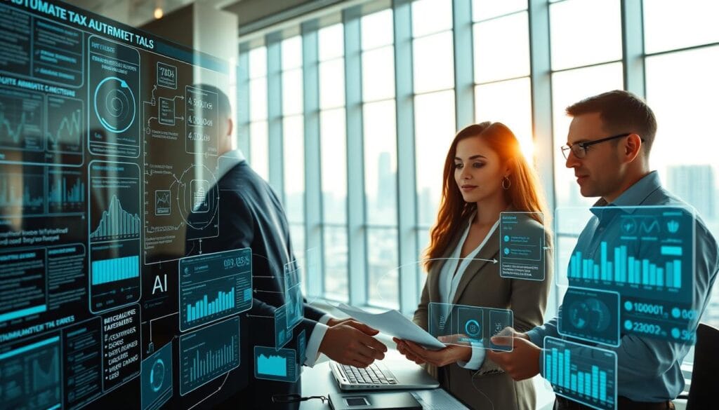 Detailed workflow of automated tax tools, set against a sleek, modern office interior. Intricately designed software interfaces, data dashboards, and processing pipelines fill the foreground, showcasing the seamless integration of AI-powered tax optimization. Mid-ground features professionals interacting with the system, expressions focused and intent. Bright, airy lighting filters through floor-to-ceiling windows, casting a sense of efficiency and innovation. In the background, a city skyline hints at the wide-ranging impact of these cutting-edge tax solutions. Precise, technical, and visually engaging - a comprehensive illustration of AI-driven tax refund maximization. Detailed workflow of automated tax tools, set against a sleek, modern office interior. Intricately designed software interfaces, data dashboards, and processing pipelines fill the foreground, showcasing the seamless integration of AI-powered tax optimization. Mid-ground features professionals interacting with the system, expressions focused and intent. Bright, airy lighting filters through floor-to-ceiling windows, casting a sense of efficiency and innovation. In the background, a city skyline hints at the wide-ranging impact of these cutting-edge tax solutions. Precise, technical, and visually engaging - a comprehensive illustration of AI-driven tax refund maximization.