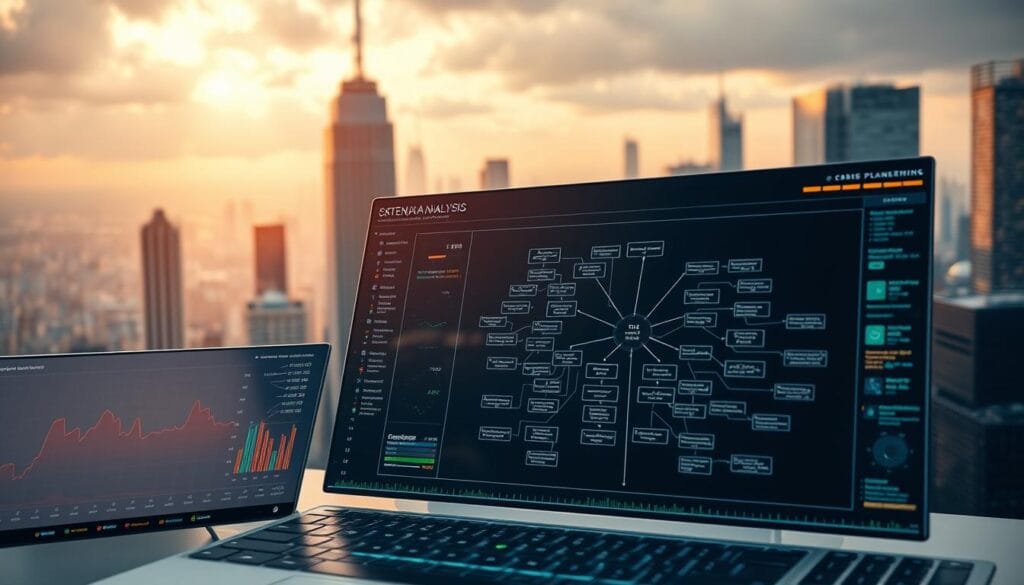 High-resolution, detailed image of automated scenario analysis tools for financial contingency planning. In the foreground, a sleek dashboard interface displaying various financial metrics and risk indicators. In the middle ground, a complex decision tree visualization mapping out potential scenarios and outcomes. In the background, a cityscape with towering skyscrapers, conveying the scale and significance of the financial sector. Rendered in a realistic, cinematic style with dramatic lighting and depth of field. Conveys a sense of power, precision, and the pivotal role of AI in modern financial risk management.