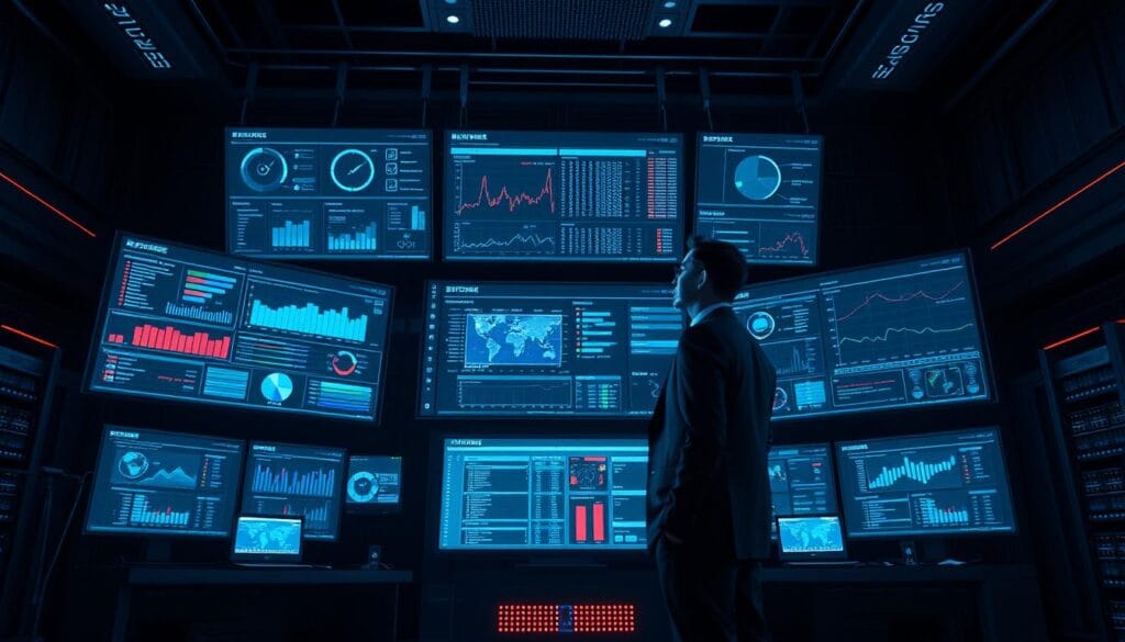 a highly detailed, cinematic 3D render of an automated financial risk evaluation system, with a sleek and modern user interface displayed on several large monitors in a dimly lit, high-tech control room. The interface shows various data visualizations, risk analytics, and interactive dashboards. In the foreground, a financial analyst in a tailored suit stands in contemplation, while the background is filled with banks of servers, blinking lights, and a sense of technological sophistication. The lighting is dramatic, with a cool, blue-tinged palette to convey a sense of precision and control. The camera angle is slightly elevated, giving the viewer a sense of the scale and complexity of the system.