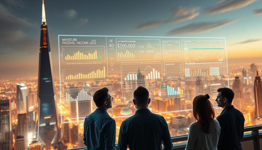 a visually striking digital illustration of "automated income strategies", depicting a futuristic cityscape with towering skyscrapers and a bustling metropolis in the background. In the foreground, a holographic display showcases various passive income streams and investment opportunities, including stock tickers, cryptocurrency charts, and AI-driven algorithmic trading platforms. The middle ground features a group of people interacting with these digital interfaces, their faces alight with expressions of curiosity and financial empowerment. The scene is bathed in a warm, ethereal glow, conveying a sense of technological advancement and financial opportunity. The lighting is soft and diffused, creating a sense of depth and dimension, while the camera angle is slightly elevated, providing a panoramic view of the scene. The overall mood is one of progress, innovation, and the seamless integration of artificial intelligence and passive income strategies.