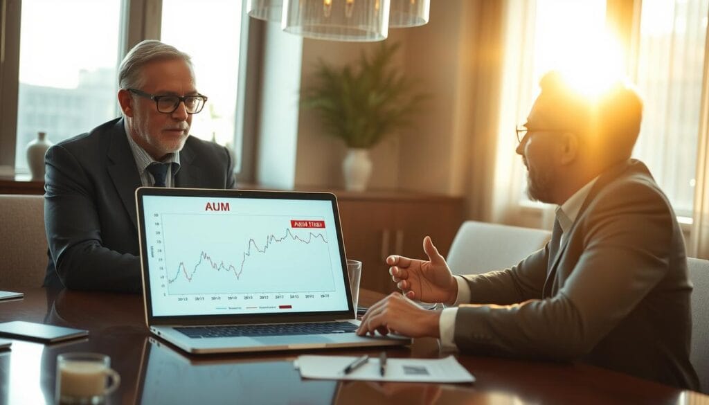 A boardroom table with a financial advisor and client discussing investment strategies and portfolio management. The focal point is a graph or chart depicting AUM (Assets Under Management) fees, displayed on a laptop screen. The scene is lit by warm, natural light filtering through large windows, creating a professional yet inviting atmosphere. The advisor's expression conveys expertise and empathy as they explain the nuances of AUM fees to the attentive client. The background features elegant, modern decor, suggesting a high-end financial institution. A boardroom table with a financial advisor and client discussing investment strategies and portfolio management. The focal point is a graph or chart depicting AUM (Assets Under Management) fees, displayed on a laptop screen. The scene is lit by warm, natural light filtering through large windows, creating a professional yet inviting atmosphere. The advisor's expression conveys expertise and empathy as they explain the nuances of AUM fees to the attentive client. The background features elegant, modern decor, suggesting a high-end financial institution.