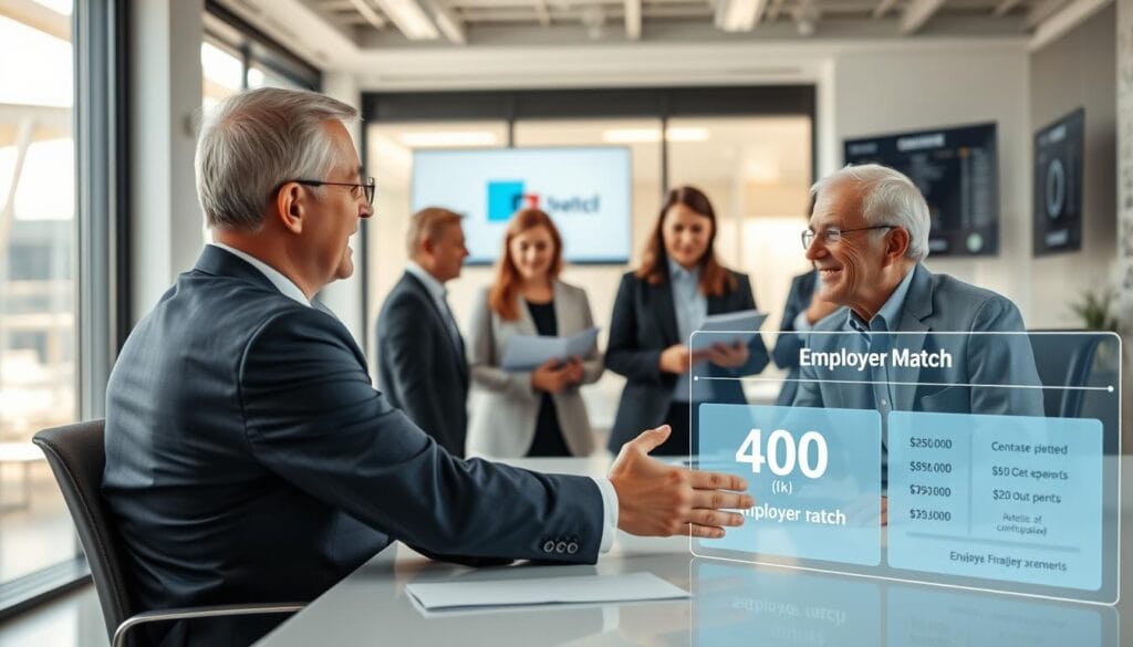 A bright, modern office setting with natural light streaming through large windows. In the foreground, a financial advisor dressed in a crisp suit sits across a desk from an older adult, discussing a 401(k) plan. The advisor gestures towards a holographic display showcasing an "Employer Match" infographic, detailing the benefits of employer contributions. The middle ground features a team of employees collaborating, their faces animated as they review retirement planning materials. In the background, a wall-mounted monitor displays a company logo and financial metrics. The overall scene conveys a sense of professionalism, financial security, and the value of employer-sponsored retirement plans.