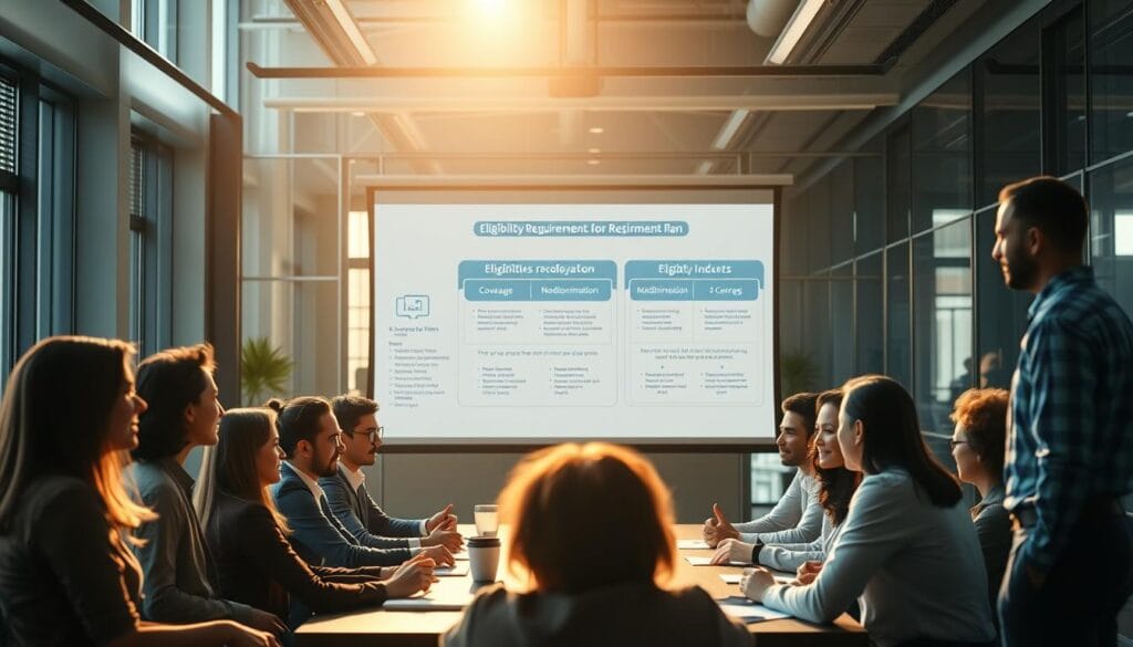 A bustling office scene showcasing the eligibility requirements for a retirement plan. In the foreground, a diverse group of employees - from young professionals to seasoned veterans - gathered around a conference table, discussing their options. Warm, natural lighting filters through large windows, casting a professional atmosphere. In the middle ground, a projection screen displays detailed infographics explaining coverage, nondiscrimination, and other key eligibility criteria. The background features sleek, modern office decor, subtly hinting at the corporate setting. The overall mood is one of informative collaboration, as the employees work together to navigate the retirement plan's intricacies. A bustling office scene showcasing the eligibility requirements for a retirement plan. In the foreground, a diverse group of employees - from young professionals to seasoned veterans - gathered around a conference table, discussing their options. Warm, natural lighting filters through large windows, casting a professional atmosphere. In the middle ground, a projection screen displays detailed infographics explaining coverage, nondiscrimination, and other key eligibility criteria. The background features sleek, modern office decor, subtly hinting at the corporate setting. The overall mood is one of informative collaboration, as the employees work together to navigate the retirement plan's intricacies.