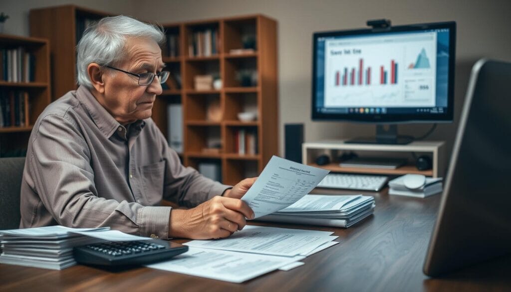 A calm, serene scene depicting strategies for saving money on credit card interest for seniors. In the foreground, an elderly person sits at a table, reviewing financial documents with a pensive expression. Stacks of bills and a calculator are neatly arranged, conveying a sense of organization and careful planning. In the middle ground, a desktop computer displays charts and graphs, visualizing the potential savings from negotiating lower interest rates. The background features a warm, softly lit room with bookshelves, suggesting a comfortable, home-like environment conducive to financial management. Muted, earthy tones create a soothing, contemplative atmosphere. Soft, directional lighting illuminates the subject, emphasizing the thoughtful, focused nature of the scene. The overall composition conveys a sense of empowerment, control, and financial prudence for seniors seeking to reduce their debt burden. A calm, serene scene depicting strategies for saving money on credit card interest for seniors. In the foreground, an elderly person sits at a table, reviewing financial documents with a pensive expression. Stacks of bills and a calculator are neatly arranged, conveying a sense of organization and careful planning. In the middle ground, a desktop computer displays charts and graphs, visualizing the potential savings from negotiating lower interest rates. The background features a warm, softly lit room with bookshelves, suggesting a comfortable, home-like environment conducive to financial management. Muted, earthy tones create a soothing, contemplative atmosphere. Soft, directional lighting illuminates the subject, emphasizing the thoughtful, focused nature of the scene. The overall composition conveys a sense of empowerment, control, and financial prudence for seniors seeking to reduce their debt burden.