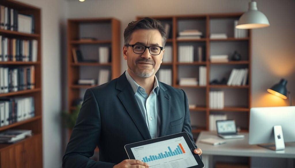 A certified financial planner stands confidently in a modern office, dressed in a sharp suit, surrounded by financial documents and a tablet displaying charts and graphs. Warm, directional lighting illuminates their face, conveying a sense of expertise and trustworthiness. In the background, a bookshelf filled with financial literature and a minimalist desk with a computer monitor create an atmosphere of professionalism and expertise. The composition is balanced, with the planner occupying the central focus, and the supporting elements enhancing the overall impression of a knowledgeable and capable financial advisor. A certified financial planner stands confidently in a modern office, dressed in a sharp suit, surrounded by financial documents and a tablet displaying charts and graphs. Warm, directional lighting illuminates their face, conveying a sense of expertise and trustworthiness. In the background, a bookshelf filled with financial literature and a minimalist desk with a computer monitor create an atmosphere of professionalism and expertise. The composition is balanced, with the planner occupying the central focus, and the supporting elements enhancing the overall impression of a knowledgeable and capable financial advisor.