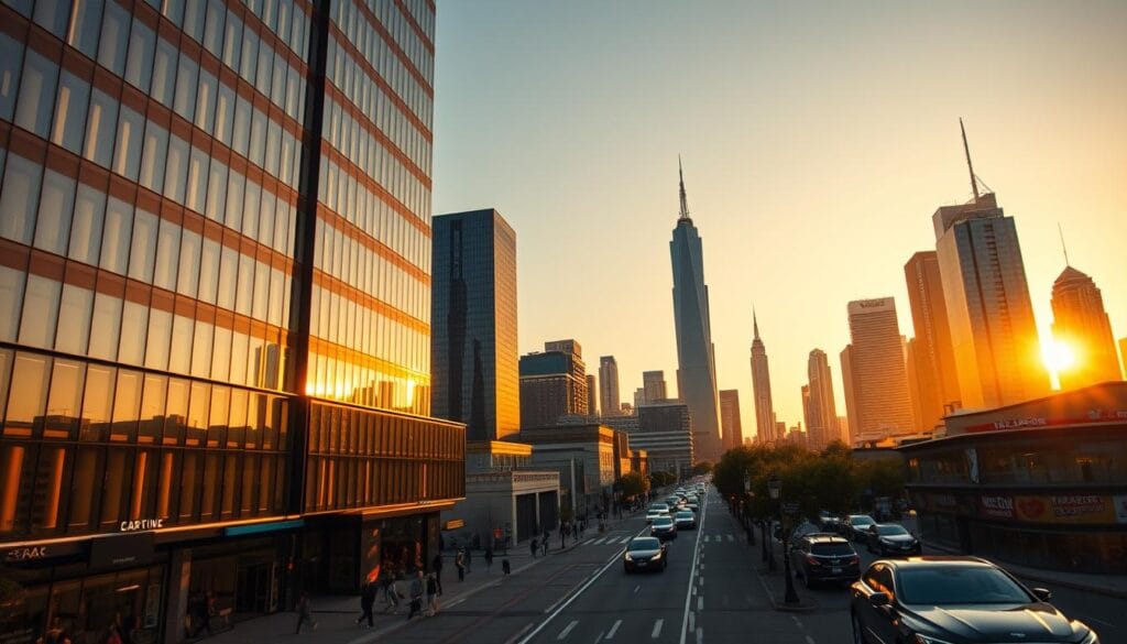 A cityscape of a prosperous financial future, illuminated by the warm glow of the setting sun. In the foreground, a modern high-rise office building with sleek, angular architecture and gleaming glass windows reflecting the golden light. In the middle ground, a bustling street lined with thriving businesses, pedestrians strolling confidently, and well-appointed luxury vehicles. In the background, a skyline of towering skyscrapers, their spires reaching towards the heavens, symbolizing the boundless potential of wealth and prosperity. The scene conveys a sense of optimism, security, and financial well-being, captured with a cinematic wide-angle lens and dramatic lighting. A cityscape of a prosperous financial future, illuminated by the warm glow of the setting sun. In the foreground, a modern high-rise office building with sleek, angular architecture and gleaming glass windows reflecting the golden light. In the middle ground, a bustling street lined with thriving businesses, pedestrians strolling confidently, and well-appointed luxury vehicles. In the background, a skyline of towering skyscrapers, their spires reaching towards the heavens, symbolizing the boundless potential of wealth and prosperity. The scene conveys a sense of optimism, security, and financial well-being, captured with a cinematic wide-angle lens and dramatic lighting.
