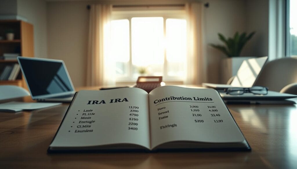 A clean, minimalist desktop workspace with a laptop, calculator, and various financial documents neatly organized. Warm, natural lighting from a large window creates a professional, focused atmosphere. In the foreground, an open notebook displays the text "IRA Contribution Limits" alongside relevant numbers and calculations. The middle ground features a tactile, textured surface, possibly wood or marble, to convey a sense of solidity and stability. The background is slightly blurred, emphasizing the key financial information in the center of the frame.