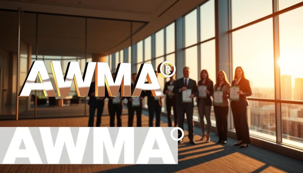 A clean, professional-looking image of the AWMA® designation program. In the foreground, a modern, sleek logo or emblem of the AWMA® program, rendered in high-resolution 3D with a metallic, reflective finish. In the middle ground, a group of financial advisors in formal business attire, standing confidently and proudly displaying their AWMA® certificates. The background depicts a corporate office setting, with floor-to-ceiling windows overlooking a cityscape, creating a sense of prestige and achievement. Warm, directional lighting from the side casts dramatic shadows, emphasizing the depth and dimensionality of the scene. The overall mood is one of success, authority, and the distinction of earning the AWMA® credential. A clean, professional-looking image of the AWMA® designation program. In the foreground, a modern, sleek logo or emblem of the AWMA® program, rendered in high-resolution 3D with a metallic, reflective finish. In the middle ground, a group of financial advisors in formal business attire, standing confidently and proudly displaying their AWMA® certificates. The background depicts a corporate office setting, with floor-to-ceiling windows overlooking a cityscape, creating a sense of prestige and achievement. Warm, directional lighting from the side casts dramatic shadows, emphasizing the depth and dimensionality of the scene. The overall mood is one of success, authority, and the distinction of earning the AWMA® credential.