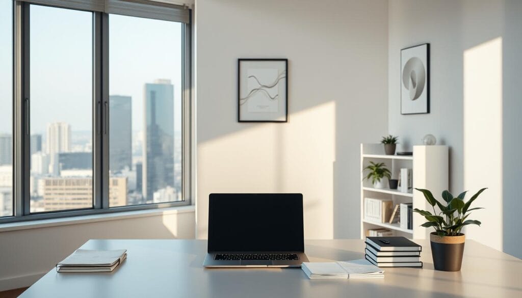 A clean, sleek office scene with a large window overlooking a cityscape. In the foreground, a modern, minimalist desk with a laptop, a stack of papers, and a potted plant. Behind the desk, a bookshelf filled with finance and investment books. The lighting is soft and natural, casting a warm glow across the room. The walls are a neutral, calming color, with a subtle, abstract art piece hanging on the wall. The overall atmosphere conveys professionalism, organization, and the importance of financial planning for retirement. A clean, sleek office scene with a large window overlooking a cityscape. In the foreground, a modern, minimalist desk with a laptop, a stack of papers, and a potted plant. Behind the desk, a bookshelf filled with finance and investment books. The lighting is soft and natural, casting a warm glow across the room. The walls are a neutral, calming color, with a subtle, abstract art piece hanging on the wall. The overall atmosphere conveys professionalism, organization, and the importance of financial planning for retirement.