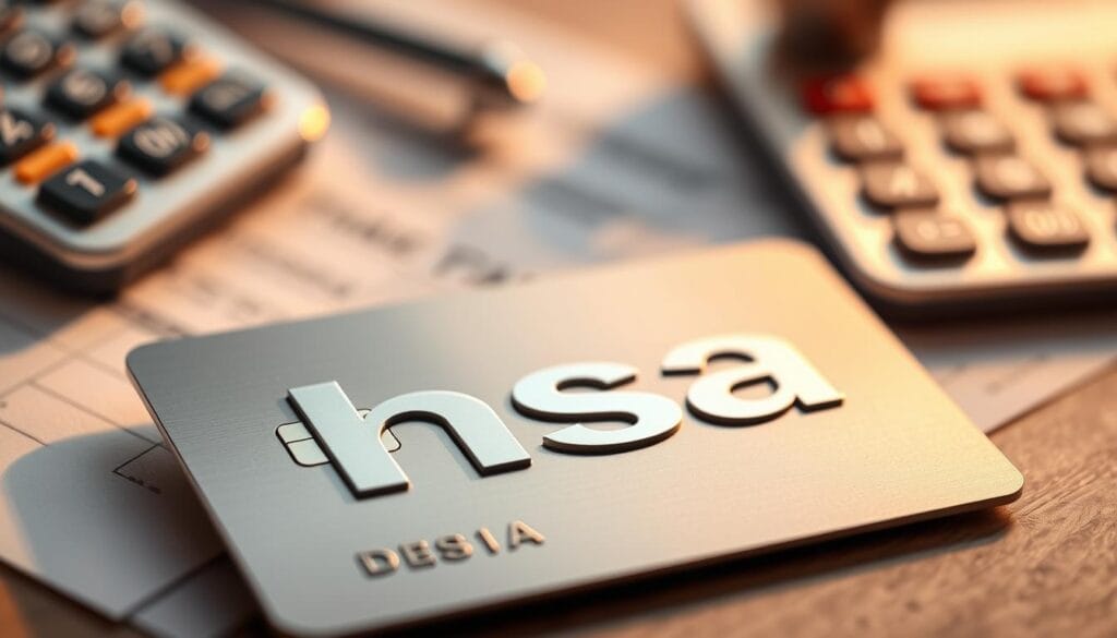 A close-up shot of a shiny metal health savings account (HSA) debit card, the letters "hsa" prominently displayed on its surface. The card is placed against a backdrop of soft, out-of-focus medical paperwork and a calculator, conveying the idea of financial planning for healthcare in retirement. The lighting is warm and directional, casting subtle shadows and highlights on the card's edges, creating a sense of depth and texture. The overall mood is one of thoughtfulness and financial responsibility, reflecting the importance of HSAs in securing a healthy retirement.