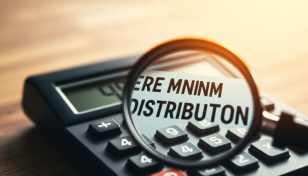 A close-up view of a calculator display showing the words "REQUIRED MINIMUM DISTRIBUTION" in bold, clean typography against a neutral, soft-focus background. The calculator is positioned on a wooden desk or table, with a magnifying glass or loupe providing a detailed focus on the key information. The scene is illuminated by warm, natural lighting, creating a sense of clarity and importance around the financial concept. The overall composition should convey a feeling of precision, attention to detail, and the significance of understanding and complying with required minimum distributions for retirement planning.