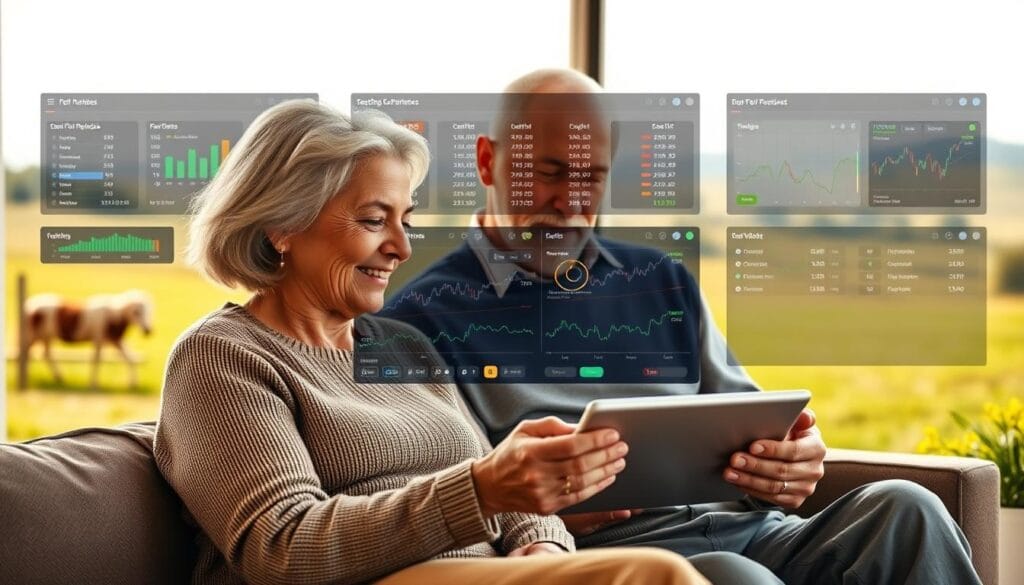 A comfortable and intuitive trading platform for retirees, featuring a clean, user-friendly interface with large, easy-to-read text and icons. The platform is bathed in warm, natural lighting, with a soft, welcoming atmosphere. In the foreground, a retired couple navigates the platform on a tablet, their faces relaxed and engaged. In the middle ground, a wealth of financial data and tools are presented in a clear, organized manner. The background depicts a serene, pastoral scene, conveying a sense of stability and security. A comfortable and intuitive trading platform for retirees, featuring a clean, user-friendly interface with large, easy-to-read text and icons. The platform is bathed in warm, natural lighting, with a soft, welcoming atmosphere. In the foreground, a retired couple navigates the platform on a tablet, their faces relaxed and engaged. In the middle ground, a wealth of financial data and tools are presented in a clear, organized manner. The background depicts a serene, pastoral scene, conveying a sense of stability and security.