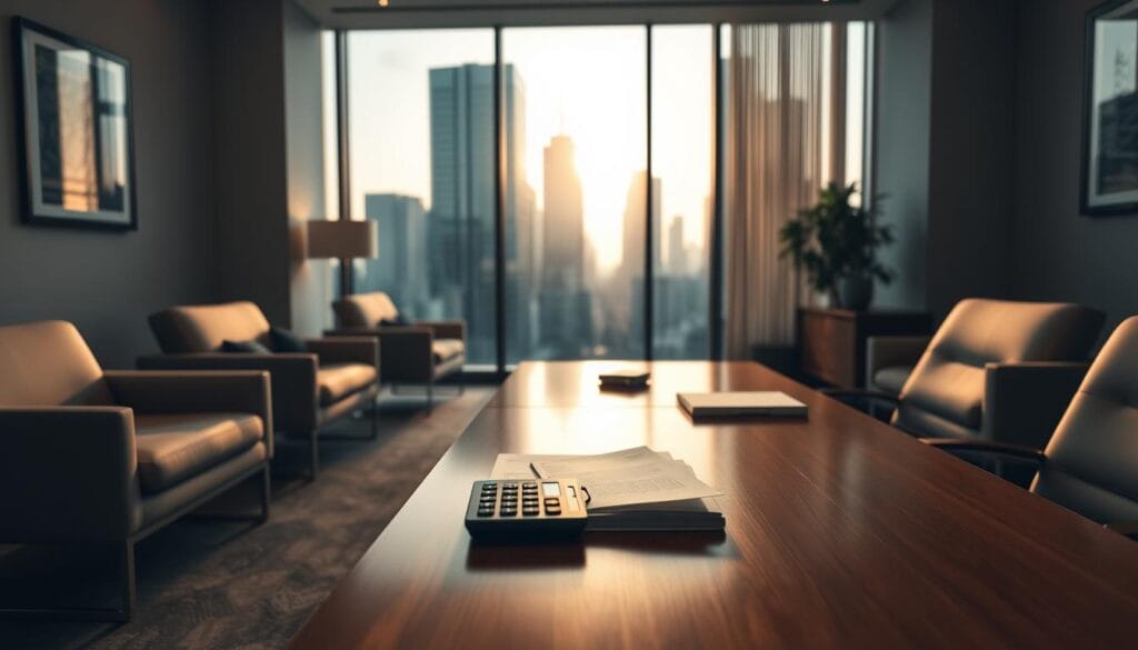 A contemporary financial advisory office, bathed in warm, muted lighting. Sleek, minimalist furniture and clean lines convey a sense of professionalism and efficiency. In the foreground, a stack of documents and a calculator sit on a polished wood desk, symbolizing the flat-fee financial planning services offered. Through large windows, a cityscape of towering skyscrapers is visible, suggesting the urban, modern context. The overall atmosphere is one of trust, transparency, and a streamlined approach to personal finance.