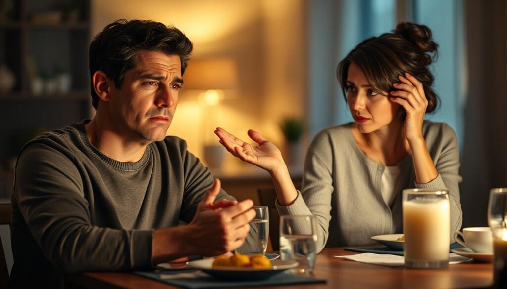 A couple sitting at a dining table, the man leaning back with a frustrated expression, the woman gesturing emphatically. Soft, warm lighting illuminates their faces, casting shadows that accentuate their disagreement. The background is slightly blurred, hinting at a cozy, domestic setting, but the tension between the two is the focal point. The scene conveys the strain and conflict that can arise when partners have differing financial priorities and perspectives.