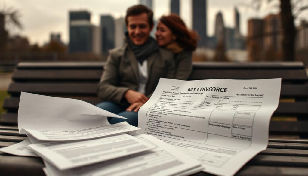 A couple sitting on a park bench, their once-happy expressions now etched with the weight of a failed marriage. In the foreground, their divorce papers lay scattered, a stark contrast to the blurred background of a vibrant city skyline. The image is bathed in a somber, muted light, reflecting the emotional turmoil and the looming uncertainty of their financial future. The couple's credit score report, crumpled and worn, lies beside the divorce documents, a tangible representation of the hidden connection between the end of their relationship and the state of their financial well-being. A couple sitting on a park bench, their once-happy expressions now etched with the weight of a failed marriage. In the foreground, their divorce papers lay scattered, a stark contrast to the blurred background of a vibrant city skyline. The image is bathed in a somber, muted light, reflecting the emotional turmoil and the looming uncertainty of their financial future. The couple's credit score report, crumpled and worn, lies beside the divorce documents, a tangible representation of the hidden connection between the end of their relationship and the state of their financial well-being.