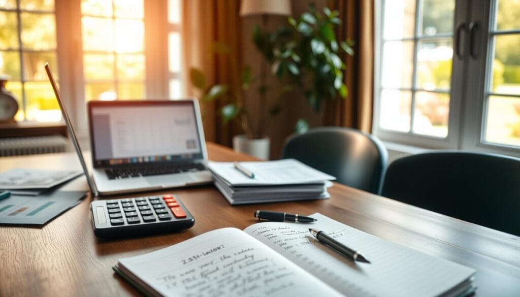 A cozy and inviting home office scene with a neatly arranged desk, featuring a laptop, a calculator, and a stack of financial documents. In the middle ground, an open notebook with handwritten notes and a pen. Behind the desk, a large window overlooking a serene garden, bathed in warm, natural light. The overall atmosphere exudes a sense of organization, contemplation, and financial planning, reflecting the challenges and considerations of retirement expenses. A cozy and inviting home office scene with a neatly arranged desk, featuring a laptop, a calculator, and a stack of financial documents. In the middle ground, an open notebook with handwritten notes and a pen. Behind the desk, a large window overlooking a serene garden, bathed in warm, natural light. The overall atmosphere exudes a sense of organization, contemplation, and financial planning, reflecting the challenges and considerations of retirement expenses.