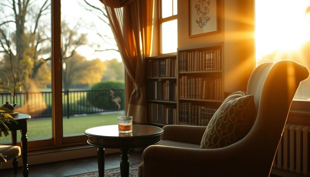 A cozy home interior, bathed in warm, golden light streaming through large windows. In the foreground, a comfortable armchair and a side table with a cup of steaming tea, hinting at a moment of quiet contemplation. In the middle ground, a bookshelf filled with well-worn volumes, a symbol of lifelong learning. The background reveals a serene, park-like view outside, suggesting a sense of balance and harmony between the individual's private space and the wider world. The overall atmosphere conveys a feeling of contentment and stability, reflecting the circumstances that might lead one to consider an MPI retirement plan.