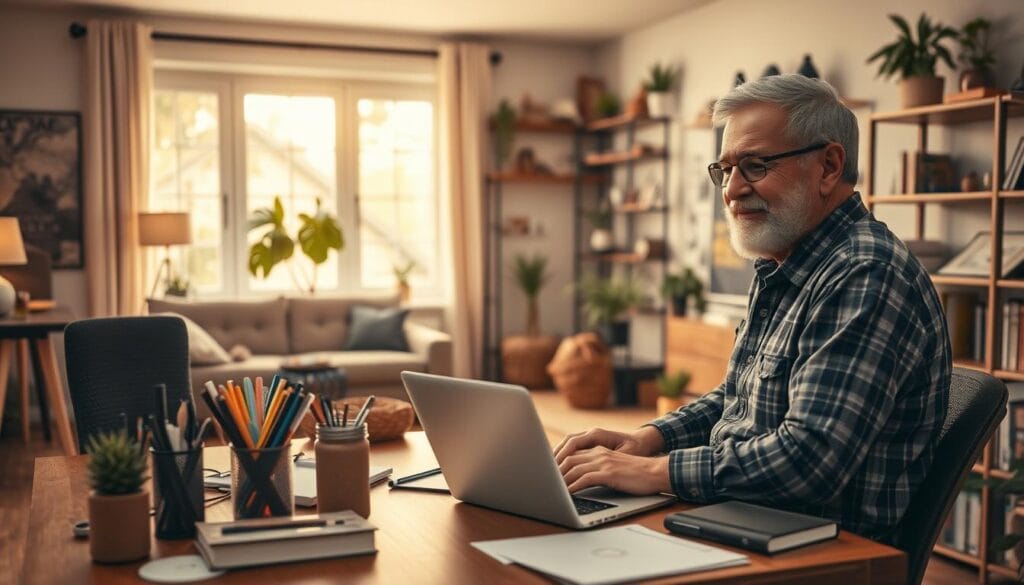 A cozy home office setting, with a retired senior citizen enthusiastically brainstorming side hustle ideas. The foreground features the retiree, dressed casually, sitting at a wooden desk, surrounded by a variety of stationery supplies and a laptop. The middle ground showcases shelves filled with books, small decorative plants, and inspirational trinkets. The background depicts a warm, softly lit living room with large windows, allowing natural sunlight to filter in, creating a serene and inviting atmosphere. The overall mood is one of creativity, productivity, and a sense of purpose, reflecting the senior's pursuit of a fulfilling post-retirement venture.