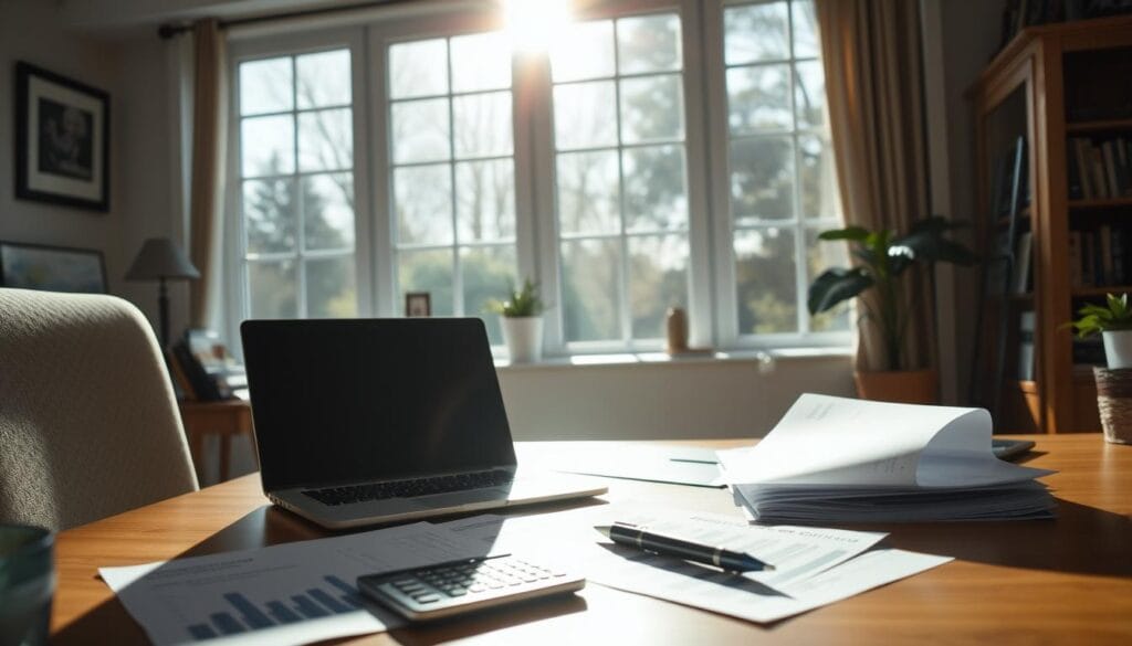 A cozy home office with a desk, laptop, and financial documents neatly arranged. Sunlight filters in through large windows, casting a warm glow. On the desk, a calculator, pen, and retirement account statements are visible, hinting at the careful coordination of 457(b) and other retirement plans. The overall scene conveys a sense of focus, organization, and a thoughtful approach to maximizing one's savings for the golden years. A cozy home office with a desk, laptop, and financial documents neatly arranged. Sunlight filters in through large windows, casting a warm glow. On the desk, a calculator, pen, and retirement account statements are visible, hinting at the careful coordination of 457(b) and other retirement plans. The overall scene conveys a sense of focus, organization, and a thoughtful approach to maximizing one's savings for the golden years.