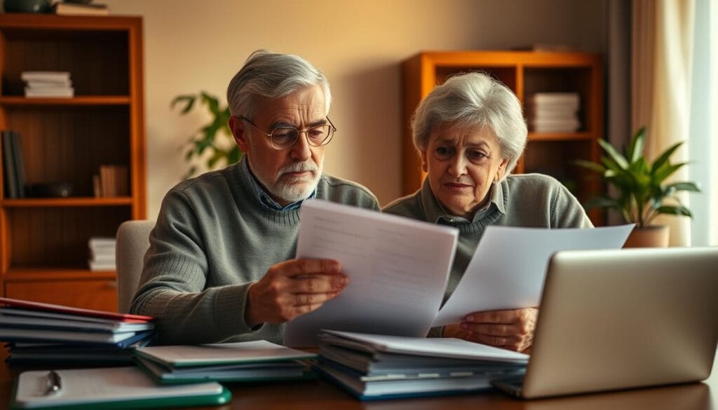 A cozy home office with a senior couple reviewing financial documents, surrounded by neatly organized binders, folders, and a laptop. Soft, warm lighting casts a golden glow, creating an atmosphere of focus and concentration. The couple's expressions convey a sense of careful consideration as they plan their household budget. In the background, a wooden bookshelf and a potted plant add a touch of elegance and stability. The scene reflects a practical, organized, and thoughtful approach to managing finances in the golden years.