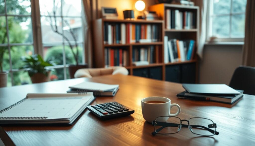 A cozy home office with a wooden desk, a planner, and a calculator. The lighting is soft and warm, creating a contemplative atmosphere. In the background, a bookshelf filled with financial guides and a window overlooking a serene garden. The desk is neatly organized, with a cup of coffee and a pair of reading glasses, hinting at a well-planned retirement. The scene conveys a sense of thoughtful preparation and financial security. A cozy home office with a wooden desk, a planner, and a calculator. The lighting is soft and warm, creating a contemplative atmosphere. In the background, a bookshelf filled with financial guides and a window overlooking a serene garden. The desk is neatly organized, with a cup of coffee and a pair of reading glasses, hinting at a well-planned retirement. The scene conveys a sense of thoughtful preparation and financial security.