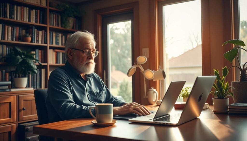 A cozy home office with an elderly entrepreneur, silver-haired and bespectacled, sitting at a wooden desk surrounded by bookshelves and potted plants. The lighting is warm and natural, filtering through large windows that overlook a tranquil suburban landscape. On the desk, a laptop and a mug of steaming tea speak to a life of contemplation and productivity in retirement. The atmosphere exudes a sense of wisdom, experience, and a newfound freedom to pursue passions and reinvent oneself.