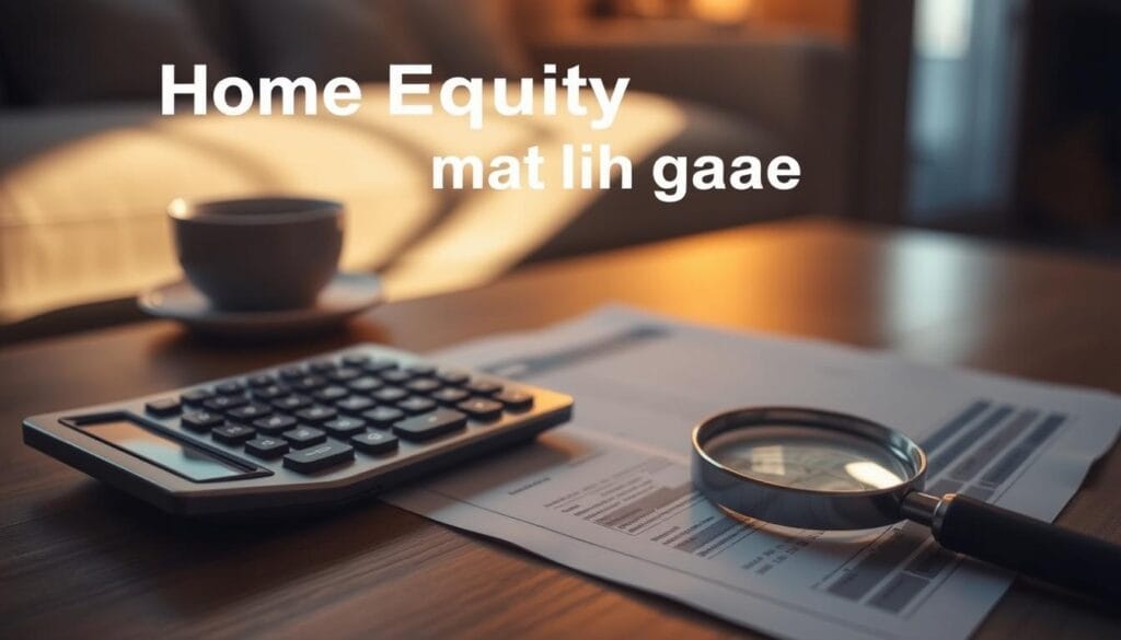 A cozy home setting with a calculator, financial documents, and a magnifying glass on a wooden table. Soft, warm lighting illuminates the scene, casting gentle shadows. The focus is on the calculator and paperwork, conveying a sense of thoughtful financial planning. The background is blurred, creating a sense of depth and emphasis on the central elements. The overall mood is one of careful consideration and understanding of the impact of home equity on monthly mortgage payments.