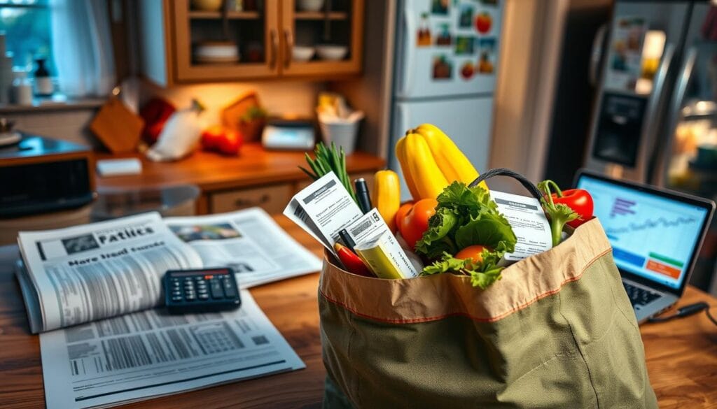 A cozy kitchen counter with an open newspaper, a calculator, and a stack of neatly organized bills. In the foreground, a reusable grocery bag overflows with fresh produce, coupons, and a receipt showcasing savings. The middle ground features a laptop displaying a budgeting spreadsheet, while the background depicts a well-stocked pantry and refrigerator, illuminated by warm, natural lighting. The scene conveys a sense of financial organization, cost-consciousness, and a commitment to making the most of limited resources. A cozy kitchen counter with an open newspaper, a calculator, and a stack of neatly organized bills. In the foreground, a reusable grocery bag overflows with fresh produce, coupons, and a receipt showcasing savings. The middle ground features a laptop displaying a budgeting spreadsheet, while the background depicts a well-stocked pantry and refrigerator, illuminated by warm, natural lighting. The scene conveys a sense of financial organization, cost-consciousness, and a commitment to making the most of limited resources.