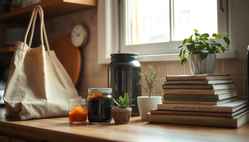A cozy kitchen countertop with an array of thrifty lifestyle items, including a reusable shopping bag, a jar of homemade preserves, a small potted plant, and a stack of well-worn cookbooks. Warm, natural lighting filters in through a nearby window, casting a soft glow on the scene. The composition is balanced and inviting, capturing the essence of a mindful, budget-conscious lifestyle. The overall atmosphere conveys a sense of simplicity, sustainability, and contentment.