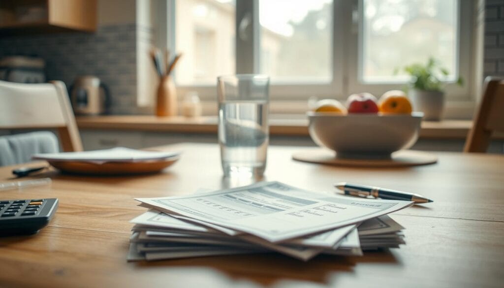 A cozy kitchen table with simple, yet practical household items arranged neatly, conveying an atmosphere of mindful budgeting. In the foreground, a stack of bills, a calculator, and a pen, symbolizing the process of reviewing expenses. In the middle ground, a glass of water and a bowl of fresh fruit, suggesting healthy, cost-effective eating habits. The background features a window with soft, natural lighting, creating a serene and calming ambiance. The overall scene exudes a sense of order, control, and a thoughtful approach to managing household finances. A cozy kitchen table with simple, yet practical household items arranged neatly, conveying an atmosphere of mindful budgeting. In the foreground, a stack of bills, a calculator, and a pen, symbolizing the process of reviewing expenses. In the middle ground, a glass of water and a bowl of fresh fruit, suggesting healthy, cost-effective eating habits. The background features a window with soft, natural lighting, creating a serene and calming ambiance. The overall scene exudes a sense of order, control, and a thoughtful approach to managing household finances.