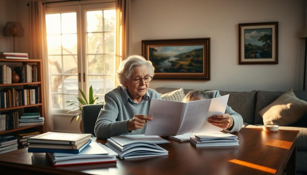 A cozy living room setting with an elderly couple carefully reviewing financial documents and discussing retirement planning. Warm afternoon light filters through large windows, creating a peaceful ambiance. The couple sits at a polished wood table, surrounded by shelves of financial books and a potted plant. Their expressions are thoughtful, conveying the importance of this task. In the background, a framed landscape painting adds a touch of elegance. The scene evokes a sense of contemplation and financial security during the golden years.