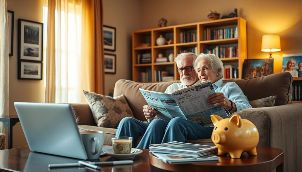 A cozy living room with a senior couple relaxing on a plush sofa, discussing travel brochures and documents. Warm golden lighting filters through sheer curtains, casting a soft glow. In the foreground, a laptop and a cup of tea suggest they're planning their next adventure. On the walls, framed photos of their past trips create a sense of a life well-traveled. The middle ground features a side table with a piggy bank and a stack of magazines highlighting senior travel discounts and benefits. The background showcases a bookshelf filled with travel guides and memories. An atmosphere of comfort, contemplation, and the excitement of new experiences. A cozy living room with a senior couple relaxing on a plush sofa, discussing travel brochures and documents. Warm golden lighting filters through sheer curtains, casting a soft glow. In the foreground, a laptop and a cup of tea suggest they're planning their next adventure. On the walls, framed photos of their past trips create a sense of a life well-traveled. The middle ground features a side table with a piggy bank and a stack of magazines highlighting senior travel discounts and benefits. The background showcases a bookshelf filled with travel guides and memories. An atmosphere of comfort, contemplation, and the excitement of new experiences.