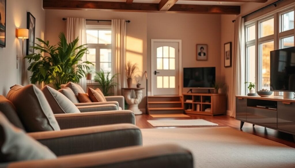 A cozy living room with warm, natural lighting and a focus on accessibility features. In the foreground, a comfortable armchair with supportive cushions and a sturdy, height-adjustable side table. In the middle ground, a sleek, low-profile TV stand with ample storage and a wide walkway for easy navigation. The background showcases a few potted plants, soft textures, and a gently sloping ramp leading to a well-lit, accessible entryway. The overall atmosphere is one of comfort, functionality, and a seamless integration of aging-in-place modifications. A cozy living room with warm, natural lighting and a focus on accessibility features. In the foreground, a comfortable armchair with supportive cushions and a sturdy, height-adjustable side table. In the middle ground, a sleek, low-profile TV stand with ample storage and a wide walkway for easy navigation. The background showcases a few potted plants, soft textures, and a gently sloping ramp leading to a well-lit, accessible entryway. The overall atmosphere is one of comfort, functionality, and a seamless integration of aging-in-place modifications.