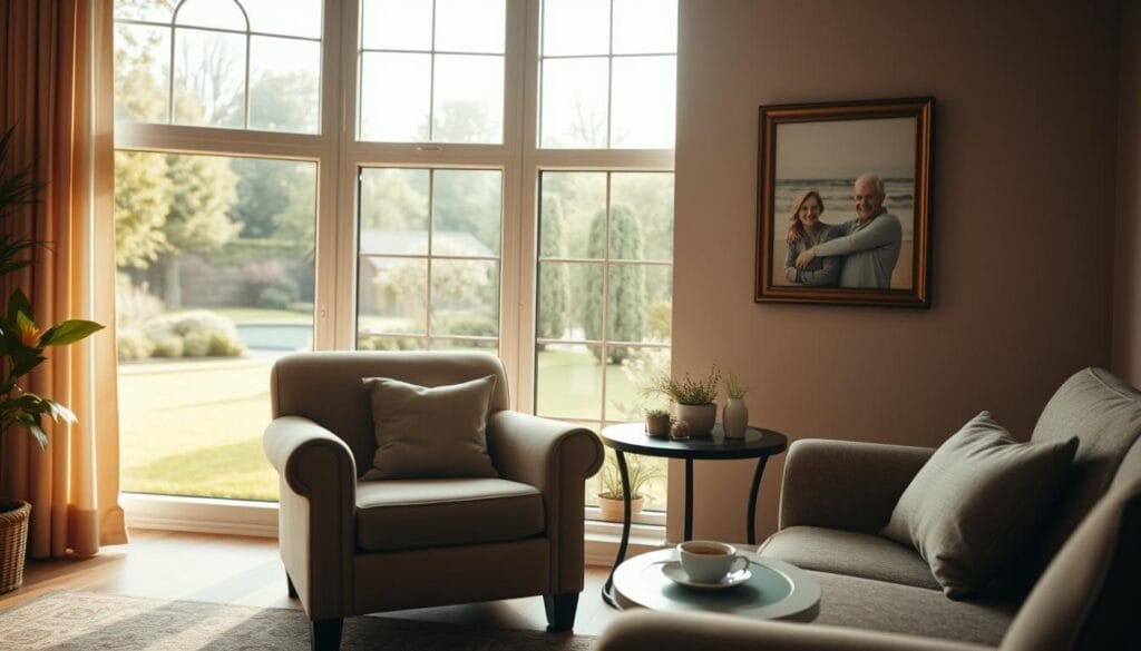 A cozy living room with warm, natural lighting filtering through large windows, overlooking a peaceful garden. A comfortable armchair and a side table with a cup of tea, suggesting a tranquil and leisurely lifestyle. On the wall, a framed photograph of a couple on a sandy beach, conveying a sense of cherished memories and life experiences. The room exudes an atmosphere of contentment, relaxation, and the fulfillment that comes with a well-planned retirement. A cozy living room with warm, natural lighting filtering through large windows, overlooking a peaceful garden. A comfortable armchair and a side table with a cup of tea, suggesting a tranquil and leisurely lifestyle. On the wall, a framed photograph of a couple on a sandy beach, conveying a sense of cherished memories and life experiences. The room exudes an atmosphere of contentment, relaxation, and the fulfillment that comes with a well-planned retirement.